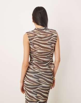 Asos Design Printed Mesh Sheer High Neck Zebra Top In Yellow