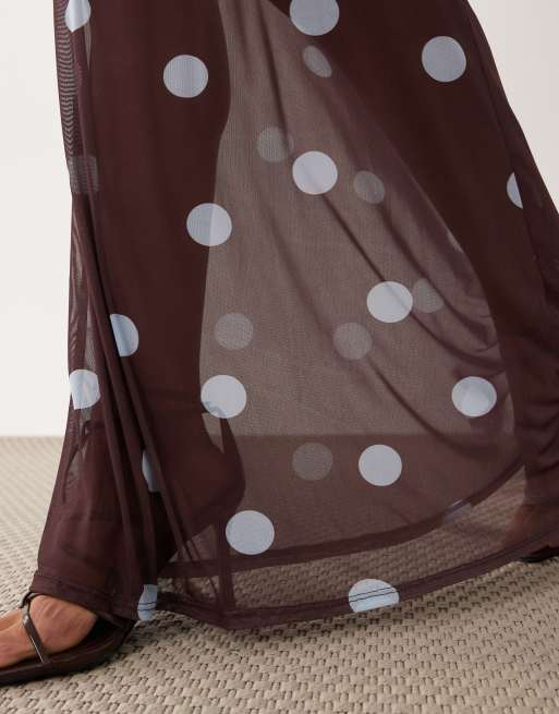 ASOS DESIGN printed mesh sheer maxi column skirt in polka dot, 4 of 5