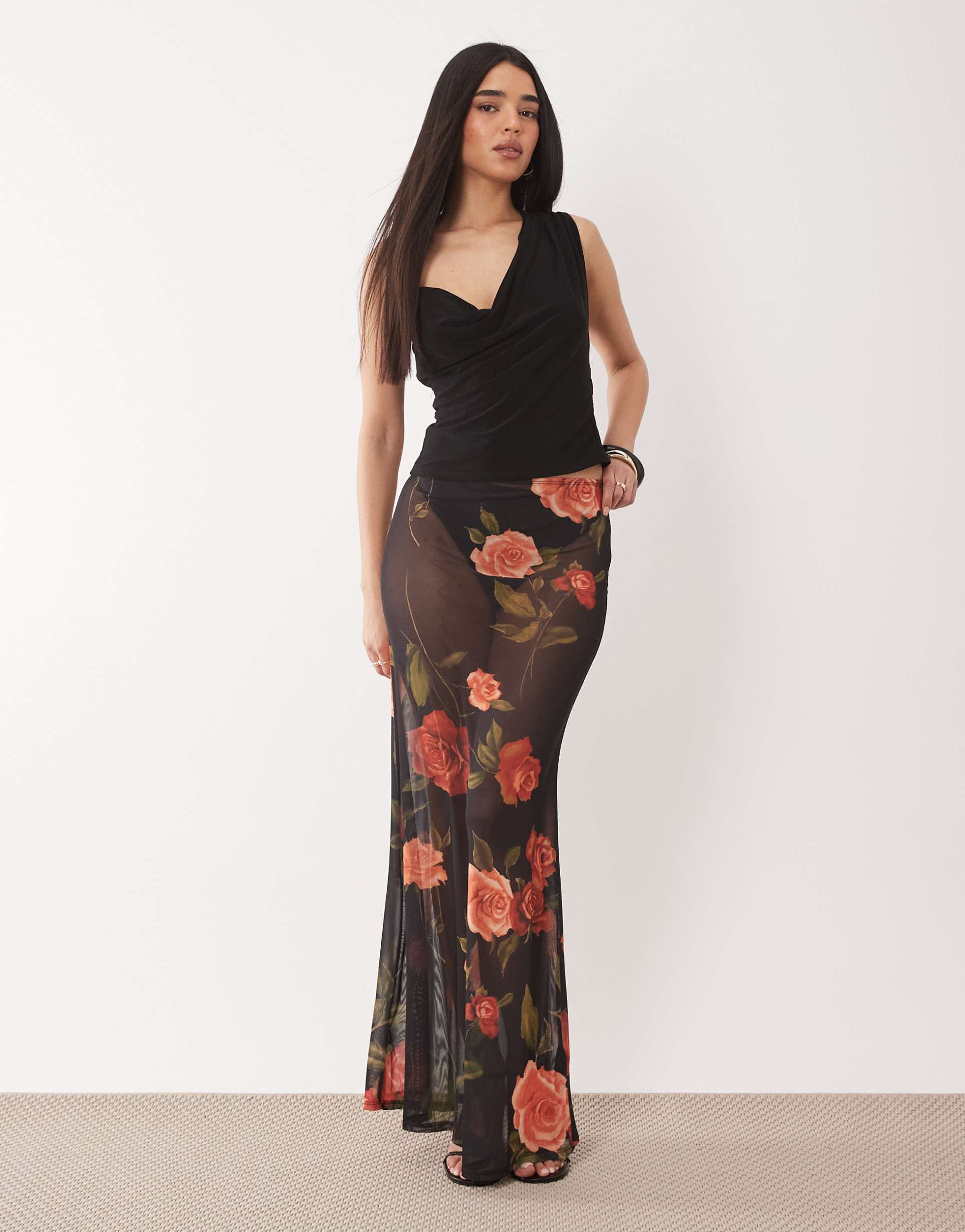 asos design printed mesh sheer maxi skirt in patchwork floral