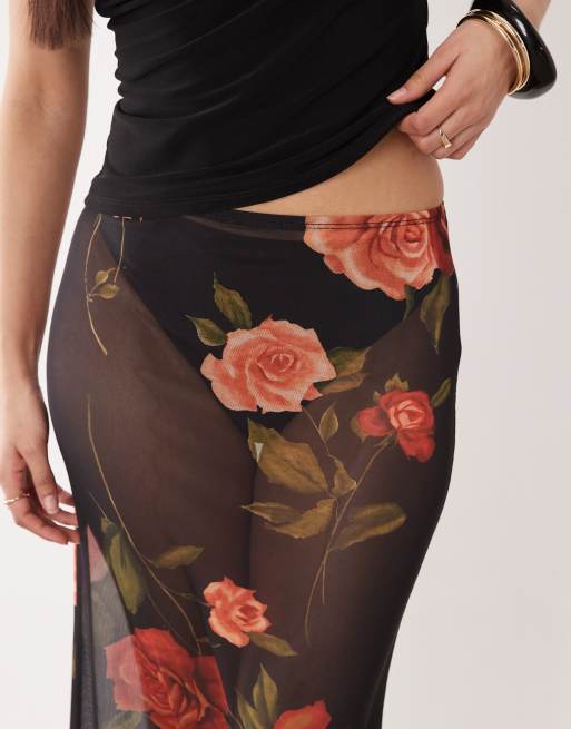 ASOS DESIGN printed mesh sheer maxi skirt in patchwork floral, 3 of 5