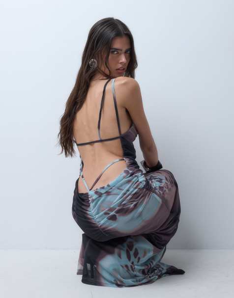 ASOS DESIGN printed mesh slash neck gathered detail maxi dress in abstract print - view 1
