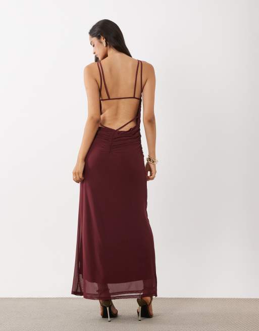 ASOS DESIGN printed mesh slash neck gathered detail maxi dress in blue and purple abstract print, 4 de 4