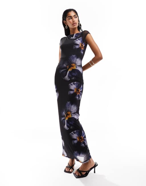 ASOS DESIGN printed mesh slash neck maxi dress in large scale purple floral