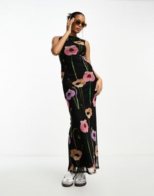 ASOS DESIGN printed mesh slash neck maxi dress in poppy floral | ASOS