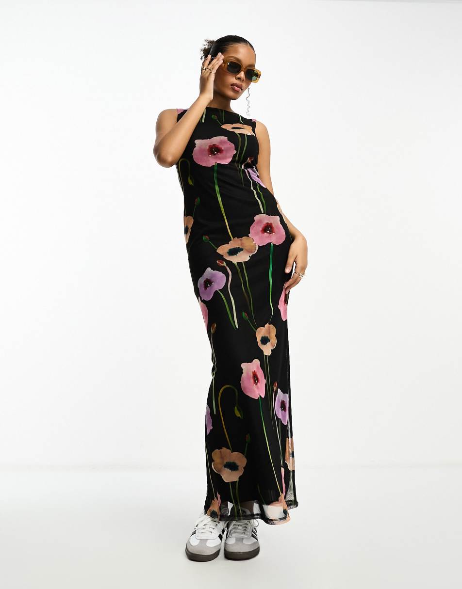 Naked Wardrobe burnout tiger high neck maxi dress in black