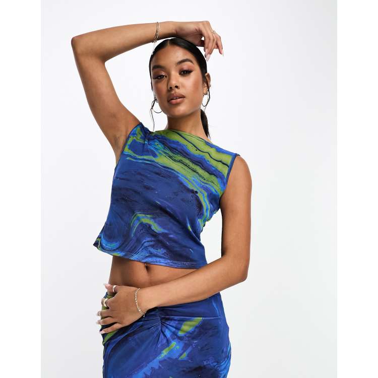 ASOS DESIGN printed mesh slash neck open back top co ord in blue