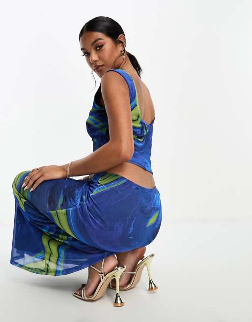ASOS DESIGN printed mesh slash neck open back top co ord in blue | ASOS