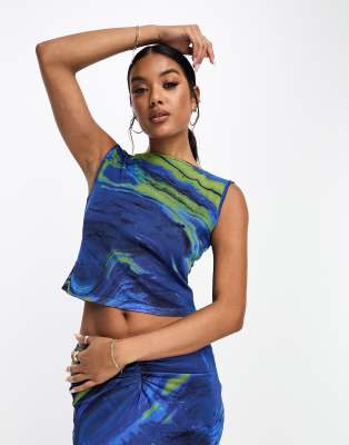 Asos Design Printed Mesh Slash Neck Open Back Top In Blue - Part Of A Set