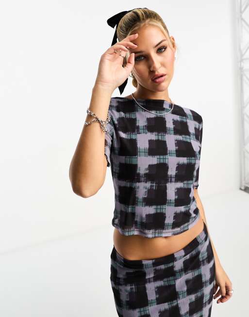 ASOS DESIGN printed mesh slash neck open back top in check - part of a set