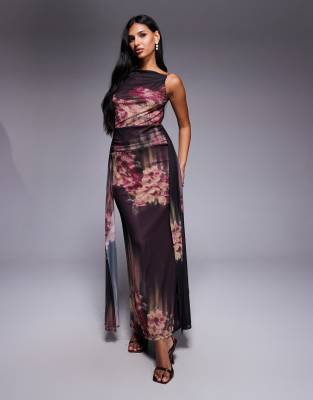 Asos Design Printed Mesh Sleeveless Maxi Dress With Open Back And Sash Detail In Black