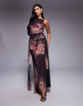 [ASOS DESIGN] ASOS DESIGN printed mesh sleeveless maxi dress with open back and sash detail in floral print-Multi XS Blurred floral print
