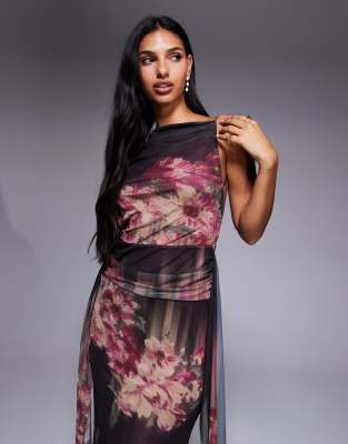 Asos Design Printed Mesh Sleeveless Maxi Dress With Open Back And Sash Detail In Black