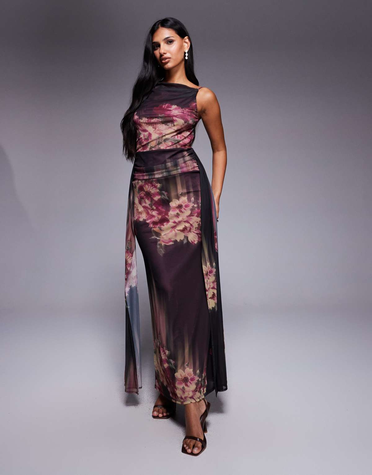 ASOS DESIGN printed mesh sleeveless with open back with sash detail maxi dress in floral print