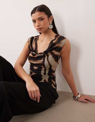 Asos Design Printed Mesh Slinky Drape Top In Multi