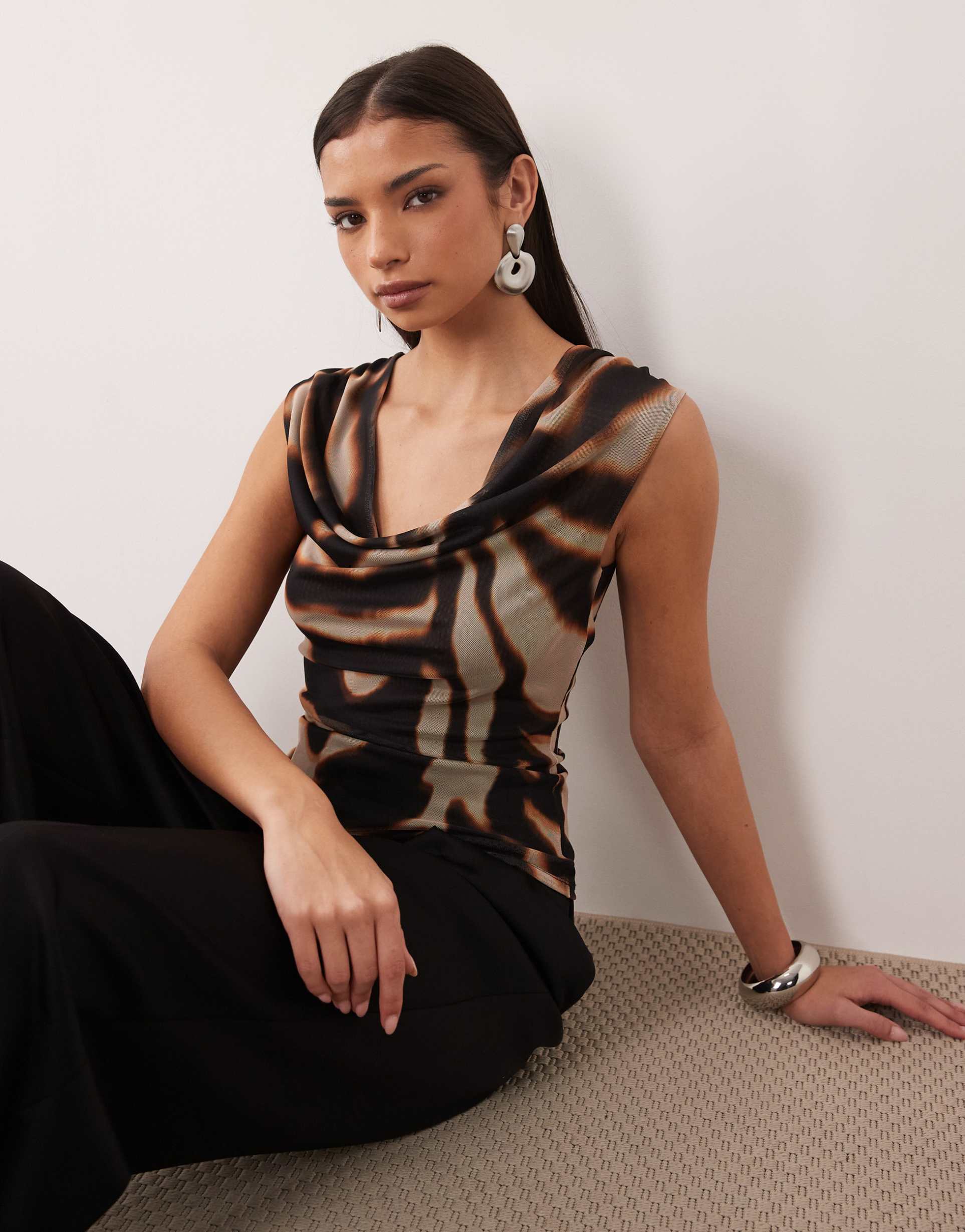 asos design printed mesh slinky drape top in mono animal print