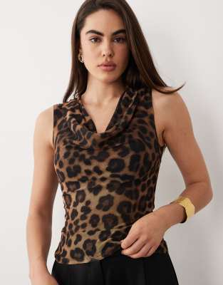 Asos Design Printed Mesh Slinky Draped Top In Animal Print