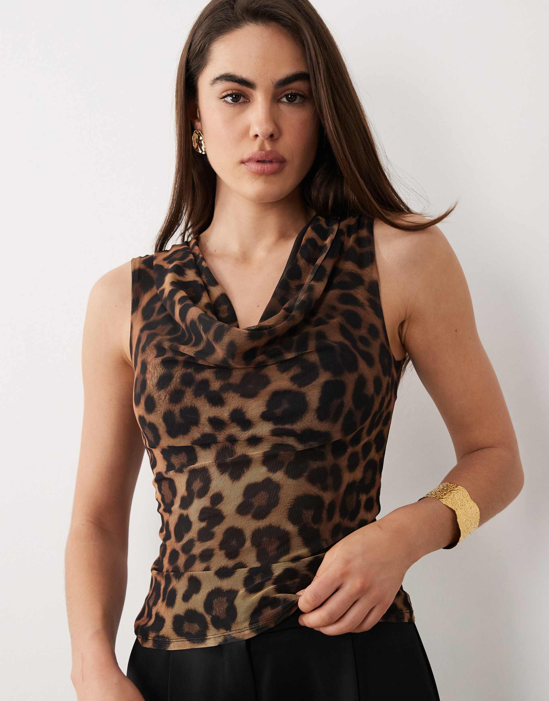 asos design printed mesh slinky draped top in animal print