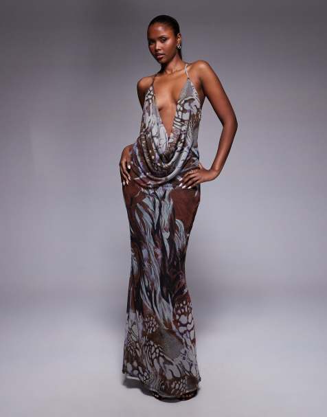 ASOS DESIGN printed mesh strappy maxi dress in abstract animal print - view 1