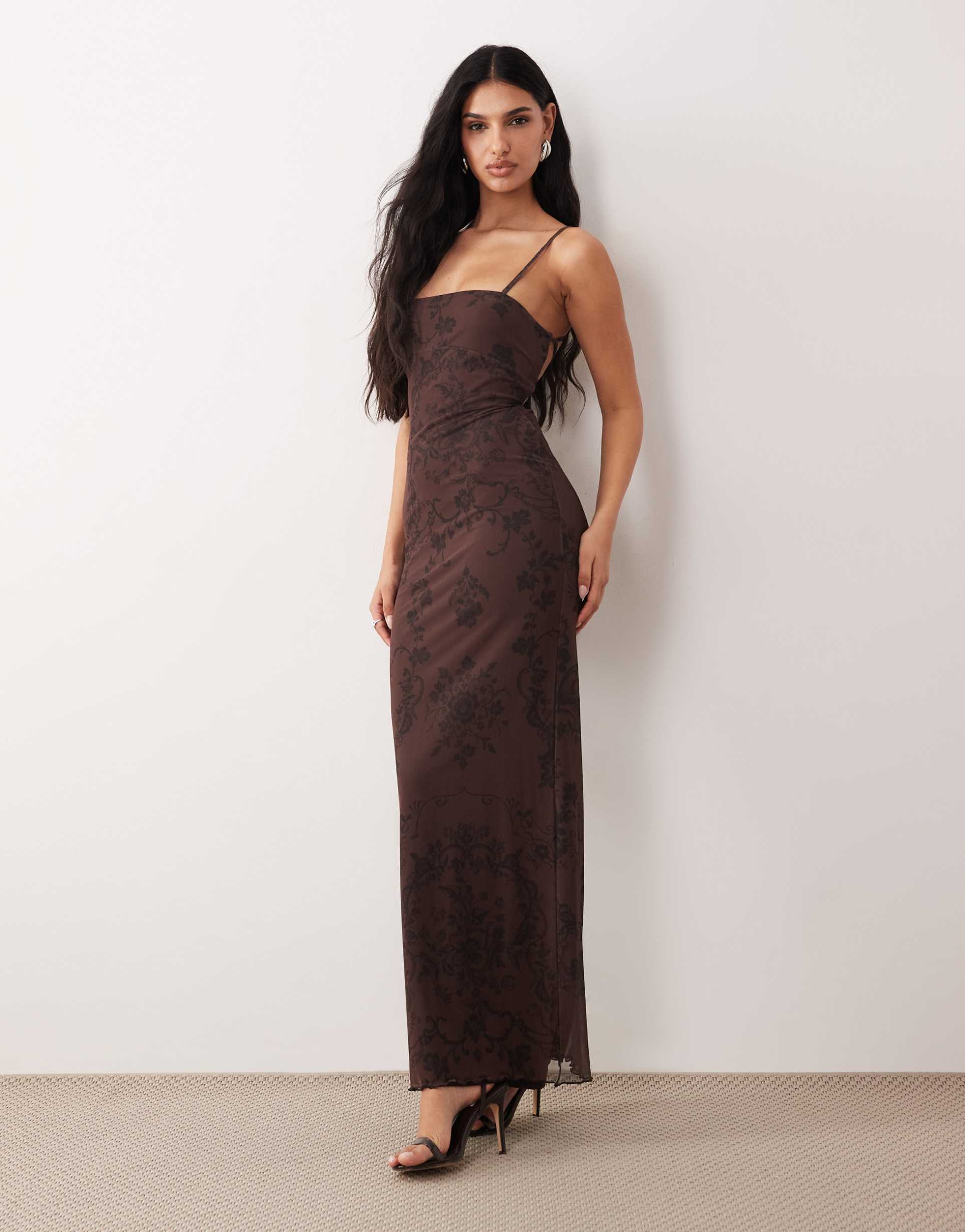 asos design printed mesh strappy maxi dress in paisley print