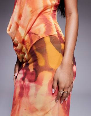 Asos Design Printed Mesh Strappy One Shoulder Maxi Dress In Orange