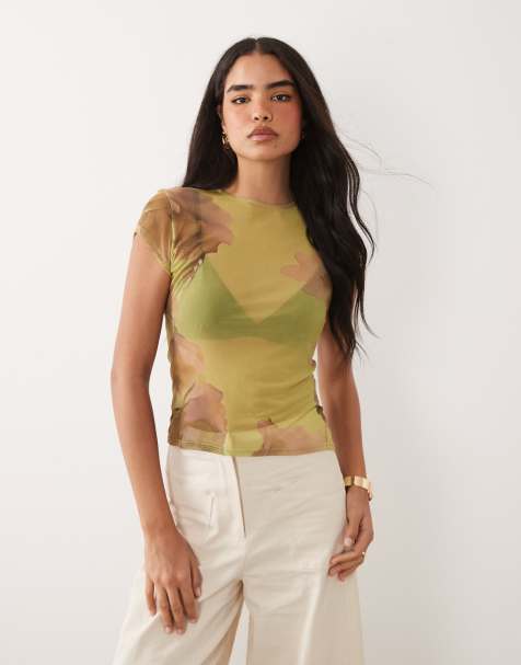 ASOS DESIGN printed mesh top in green floral - view 1
