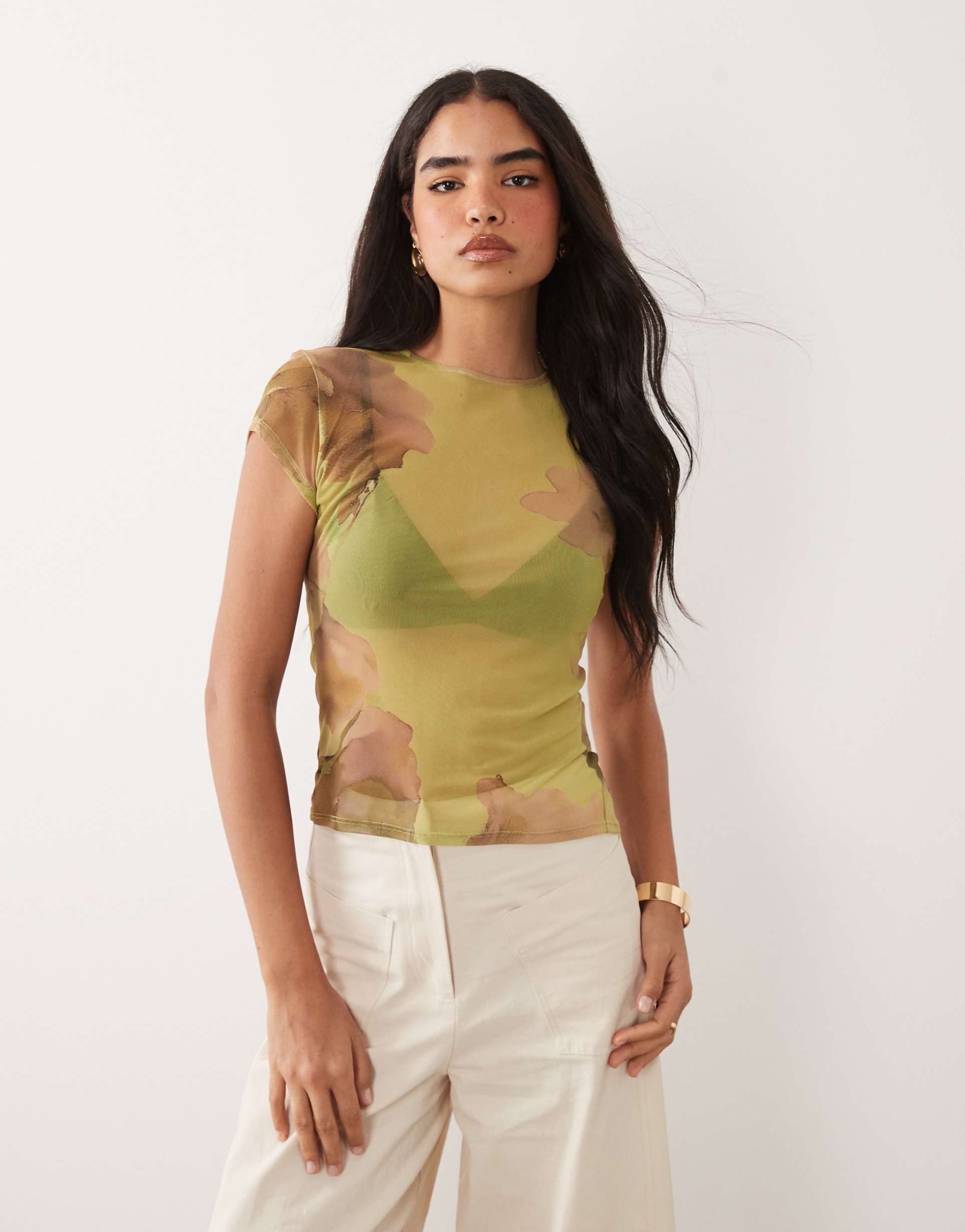 asos design printed mesh top in green floral
