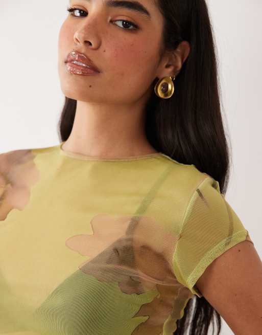 ASOS DESIGN printed mesh top in green floral, 4 of 4