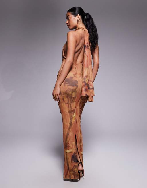 ASOS DESIGN printed mesh twist bust detail halter maxi with tie back neck in burnt orange floral