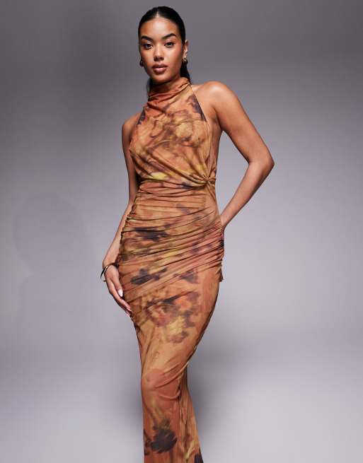 ASOS DESIGN printed mesh twist bust detail halter maxi with tie back neck in burnt orange floral