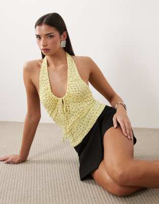 ASOS DESIGN printed mesh u scoop ruched halter neck top in yellow and brown polka dot