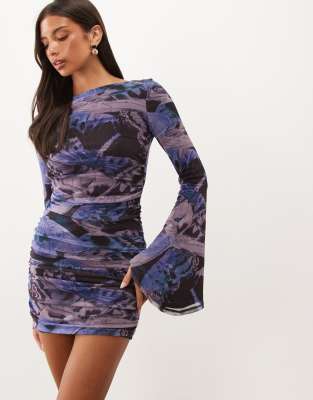 Asos Design Printed Mesh Waterfall Sleeve Ruched Mini Dress In Multi