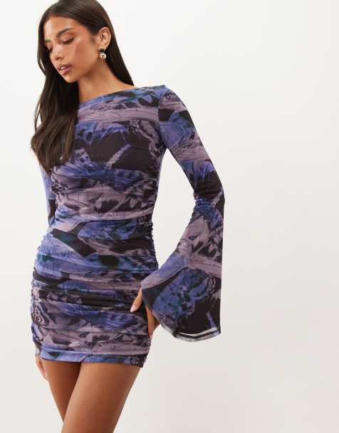 ASOS DESIGN printed mesh waterfall sleeve ruched mini dress in purple butterfly print - view 1