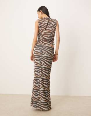 Asos Design Printed Mesh Zebra Maxi Low Rise Skirt In Animal Print
