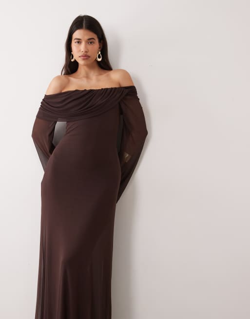 ASOS DESIGN printed off the shoulder draped neck long sleeve maxi dress in brown, 4 of 4