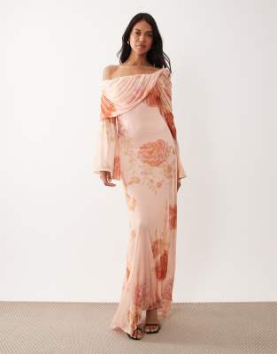 Asos Design Printed Off The Shoulder Draped Neck Long Sleeve Maxi Dress In Pink
