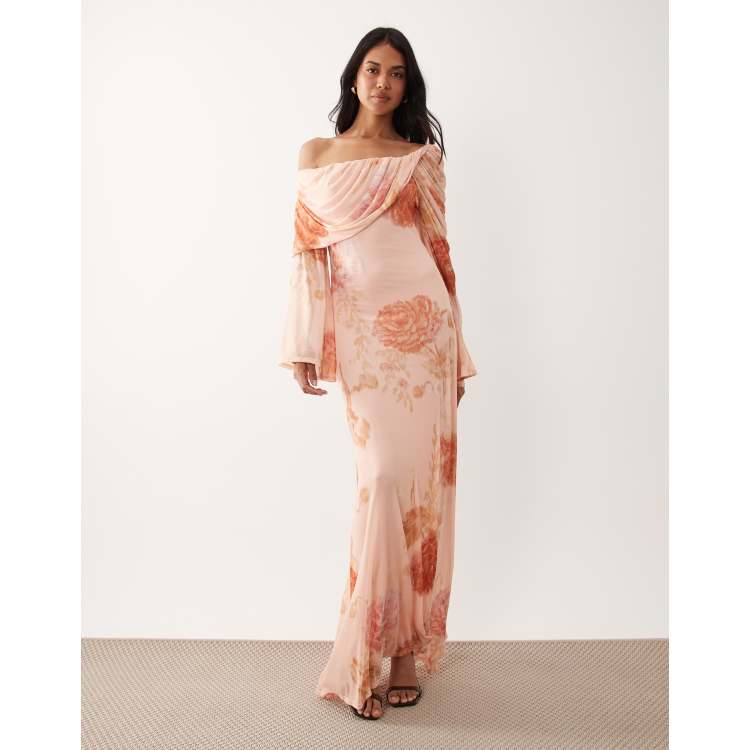 ASOS Design printed off the shoulder draped neck long sleeve maxi dress in pink floral