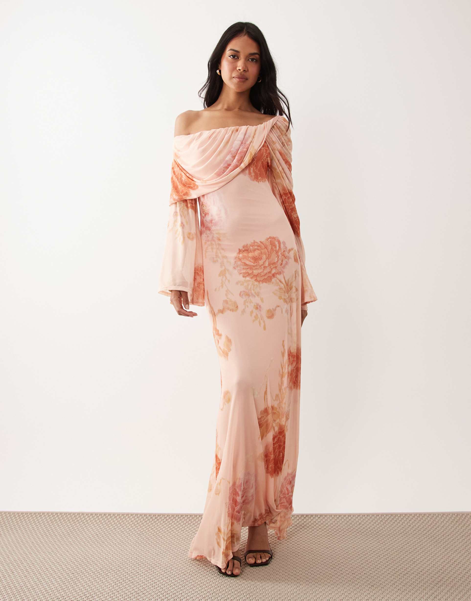 asos design printed off the shoulder draped neck long sleeve maxi dress in pink floral