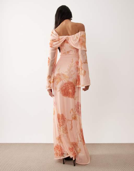 ASOS DESIGN printed off the shoulder draped neck long sleeve maxi dress in pink floral, 2 of 4