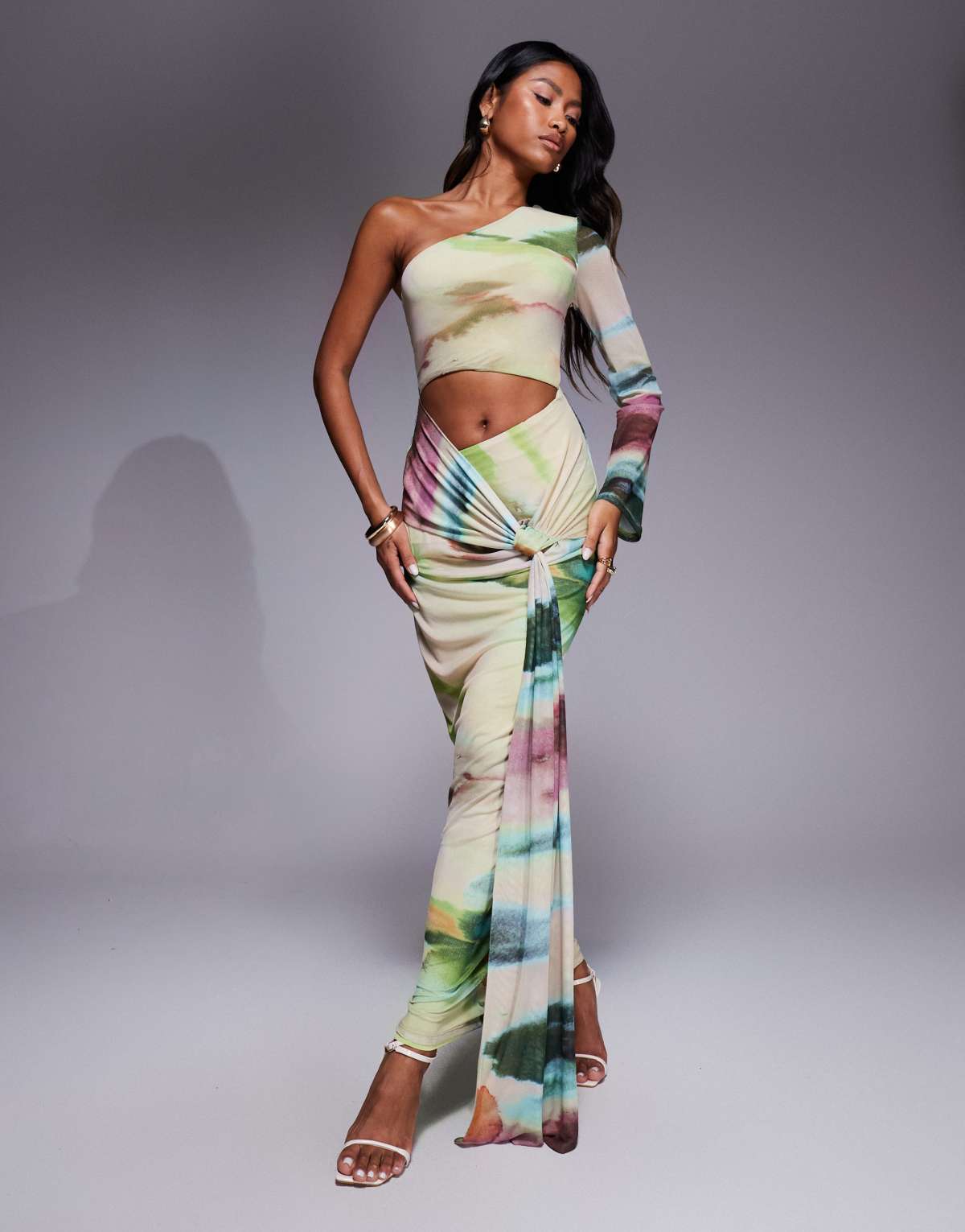 ASOS DESIGN printed one sleeve cut out maxi dress in stripe print