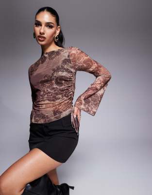 Asos Design Printed Paisley Mesh Drawstring Asymmetric Top With Flute Sleeve In Brown