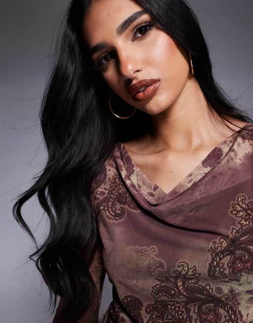 ASOS DESIGN printed paisley mesh slash neck mini cowl dress with back tie detail