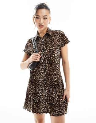 Asos Design Printed Plisse Button Mini Dress In Leopard Print-multi In Animal Print