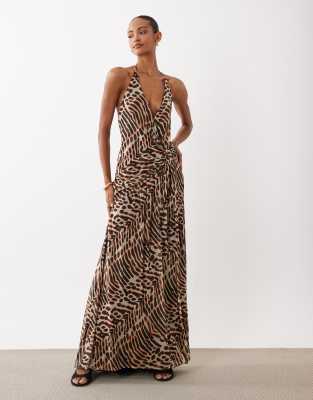 Asos Design Printed Plunge Maxi Dress With Scarf Detail In Multi