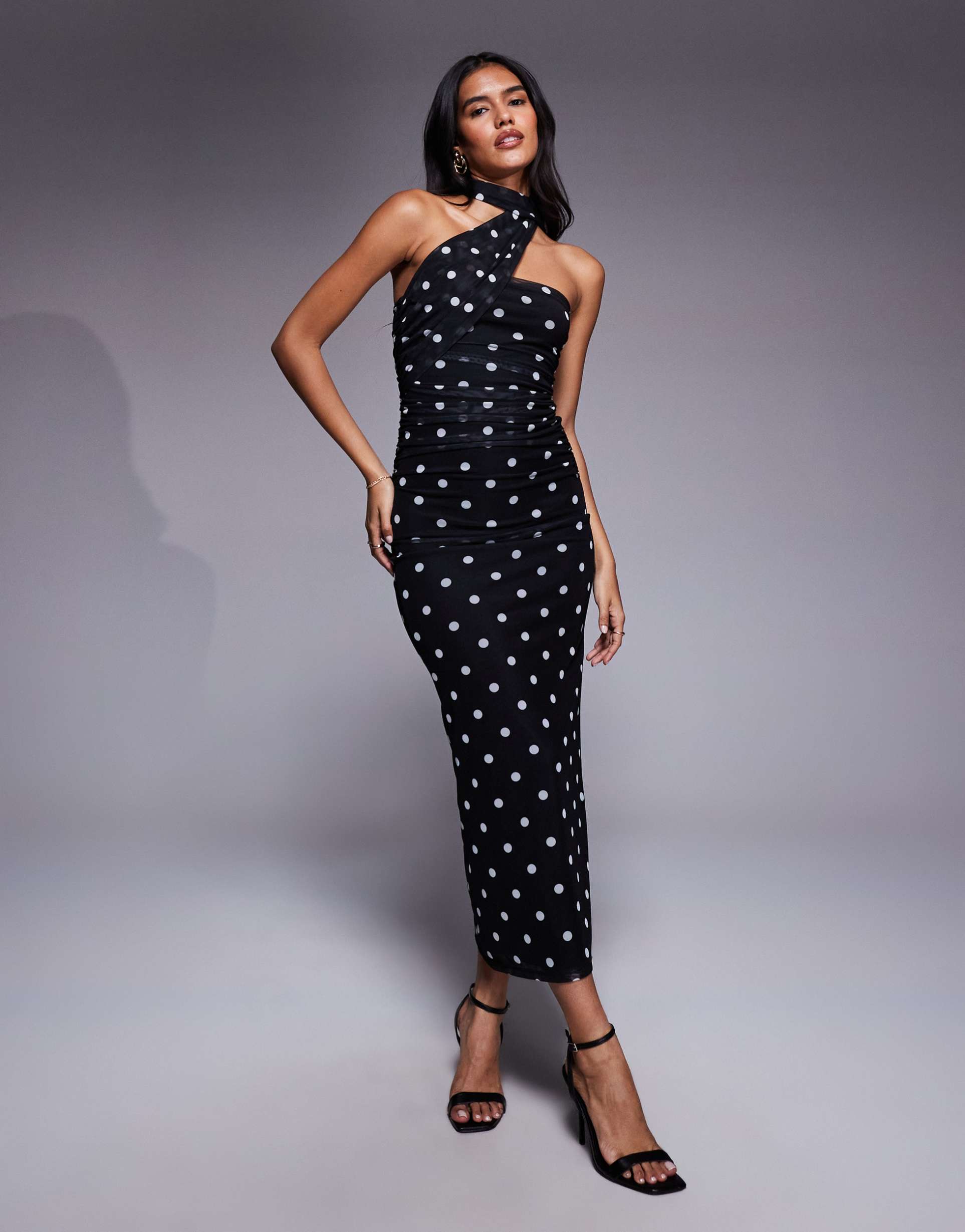 asos design printed polka dot bandeau maxi dress with scarf detail in black