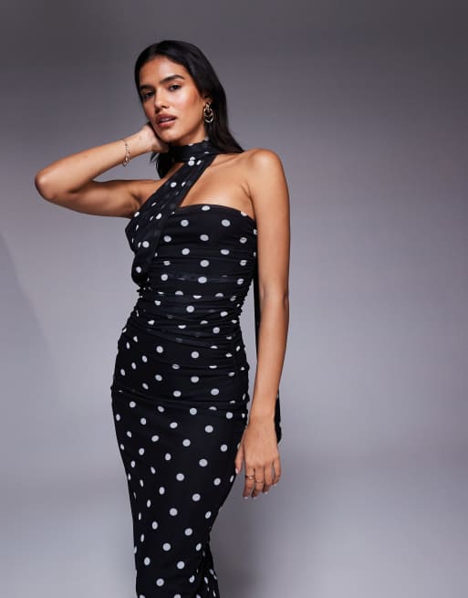 ASOS DESIGN printed polka dot bandeau maxi dress with scarf detail in black