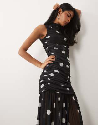 Asos Design Printed Polka Dot Ruched Drop Waist Circle Dress With Grown In Black