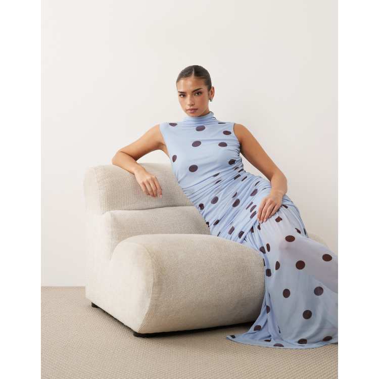 ASOS DESIGN printed polka dot ruched drop waist circle dress with grown in  neck in blue | ASOS