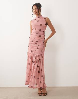 Asos Design Printed Polka Dot Ruched Drop Waist Circle Dress With Grown In Pink