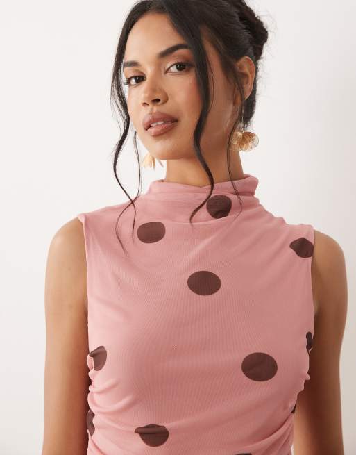 ASOS DESIGN printed polka dot ruched drop waist circle dress with grown in neck in pink, 3 of 4
