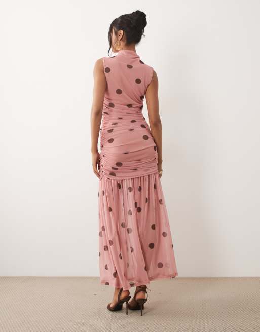 ASOS DESIGN printed polka dot ruched drop waist circle dress with grown in neck in pink, 4 of 4